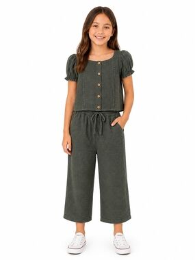 2/$35 Girls' Olive Green Wide-Leg Pants with Button Front Top Set